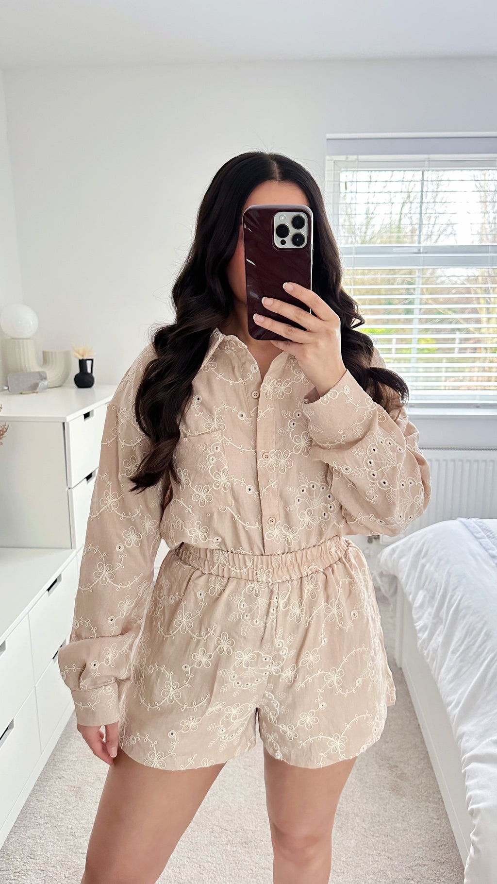 Embroidered Flower Pattern Shirt and Shorts Co-Ord - BEIGE