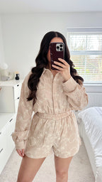 Embroidered Flower Pattern Shirt and Shorts Co-Ord - BEIGE