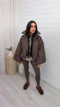 Balloon Sleeve Puffer Jacket - BROWN
