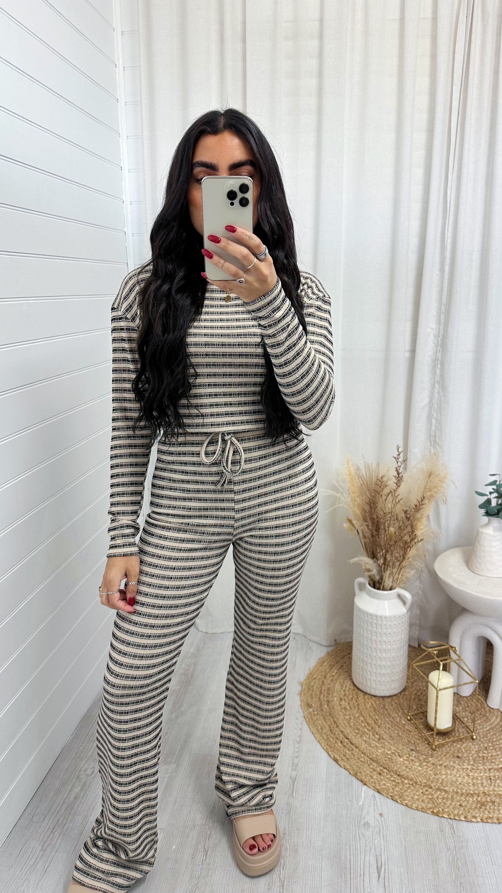 Textured Stripe Long Sleeve Top and Trousers Co-Ord - BLACK/BEIGE