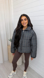 Check Puffer Jacket - NAVY/BROWN
