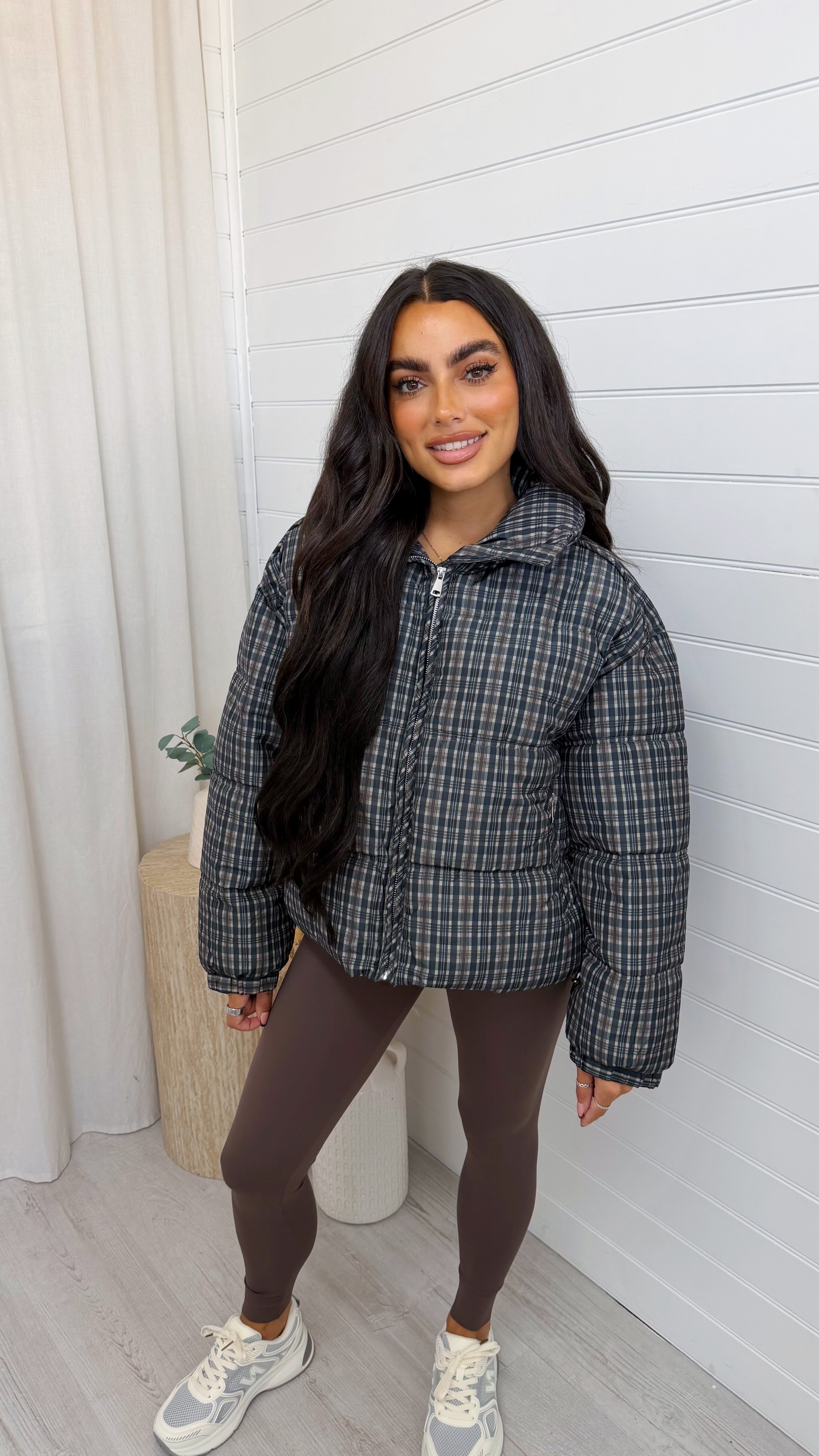 Check Puffer Jacket - NAVY/BROWN
