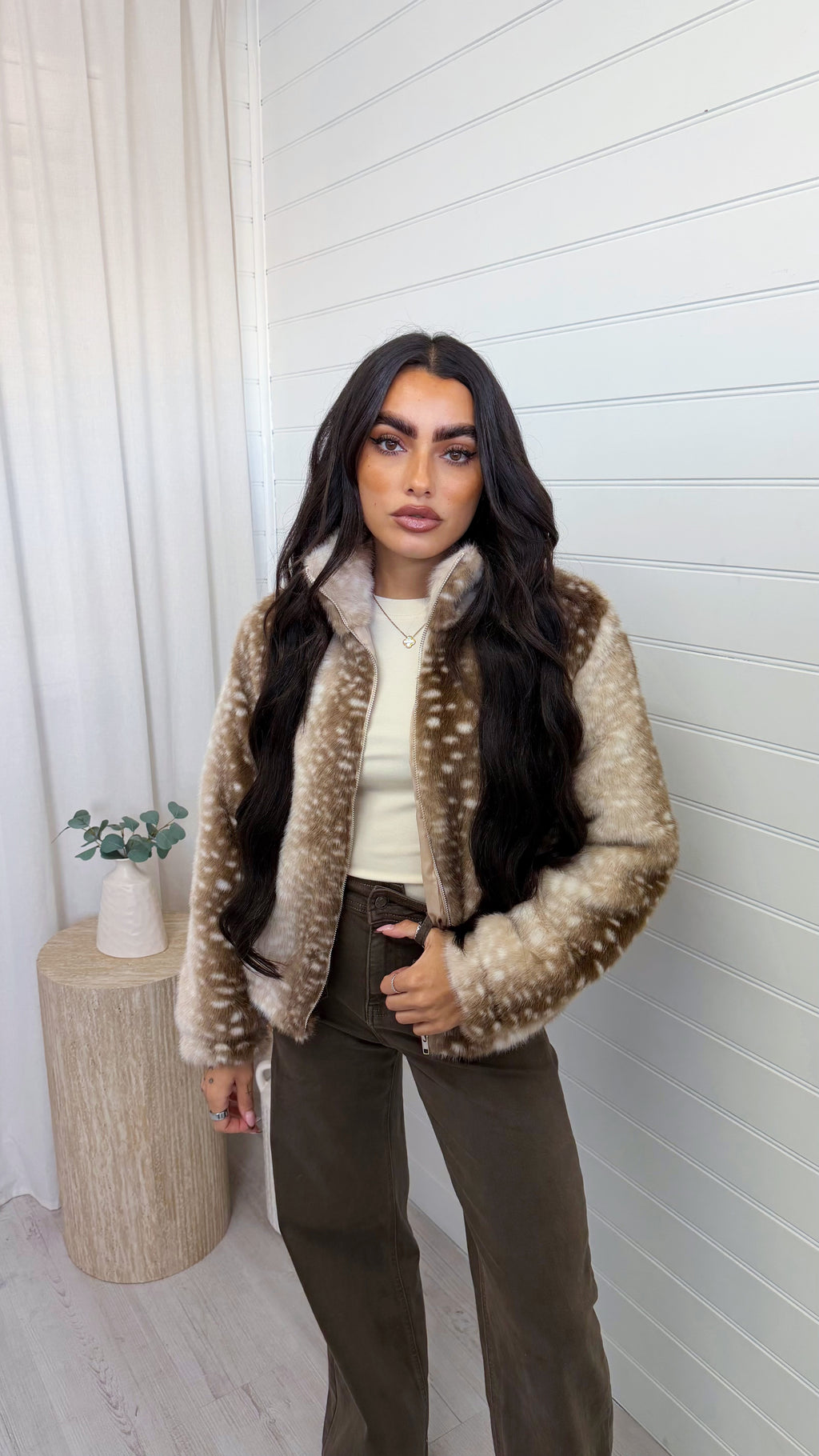 Deer Print Faux Fur Jacket - LIGHT BEIGE