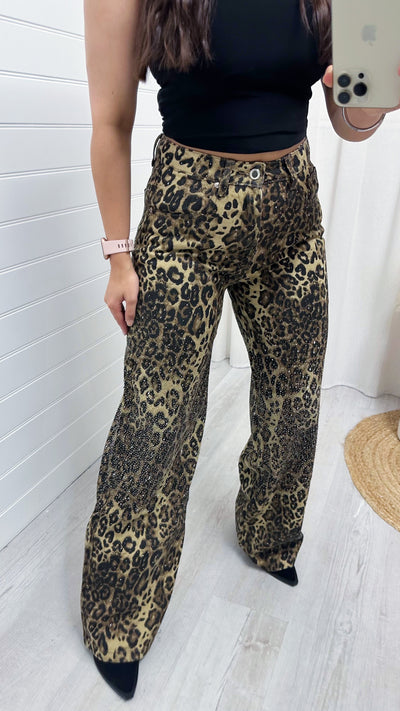 Rhinestone Leopard Print Wide Leg Jeans