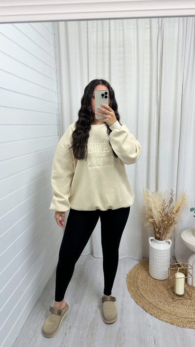 Los Angeles Embroidered Fleece Lined Sweatshirt - CREAM