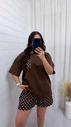 Polka Dot Baggy T-Shirt and Shorts Co-Ord - BROWN