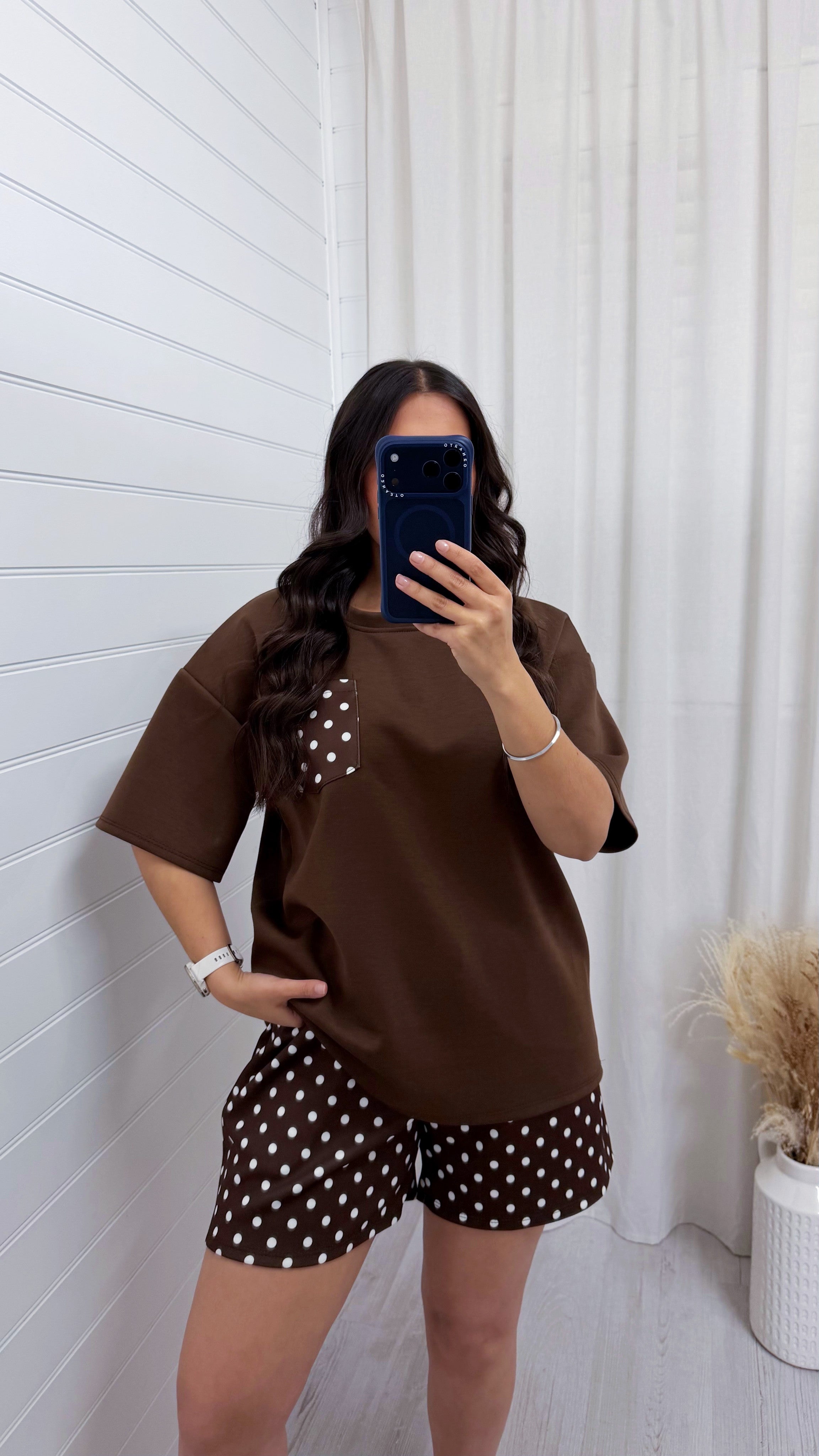 Polka Dot Baggy T-Shirt and Shorts Co-Ord - BROWN