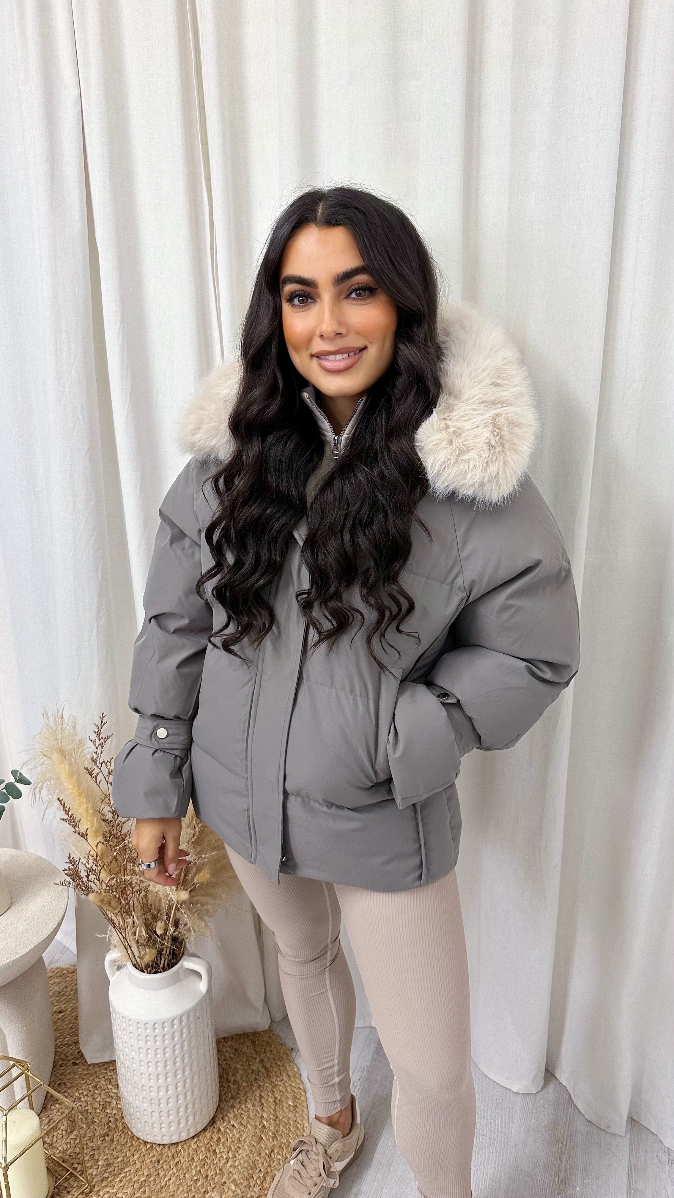 Faux Fur Hooded Puffer Coat - GREY