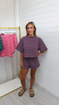 Stripey Cotton Crop Top and Shorts Co-Ord - BURGUNDY