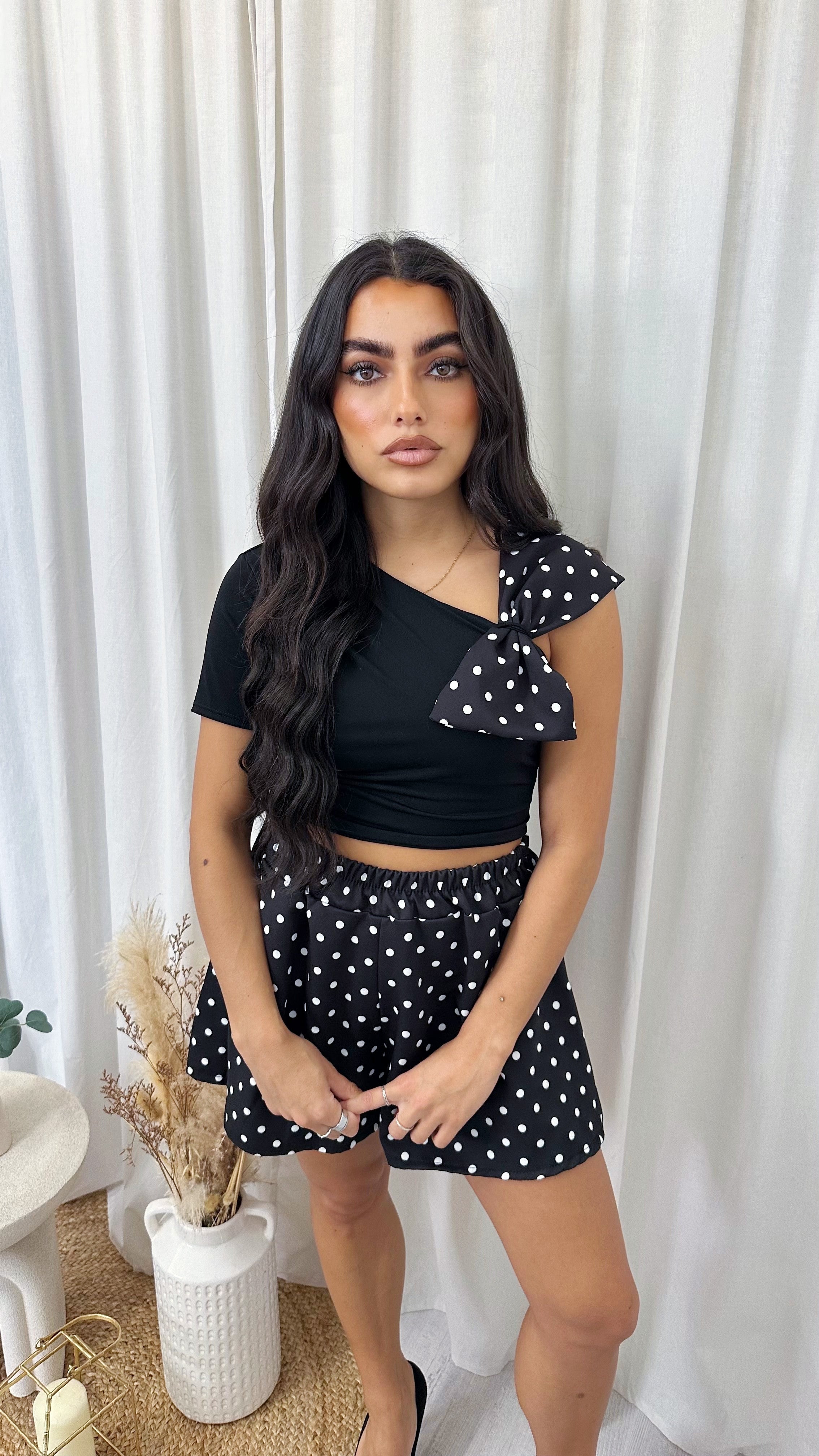 Bow Shoulder Polka Dot Top and Shorts Co-Ord - BLACK