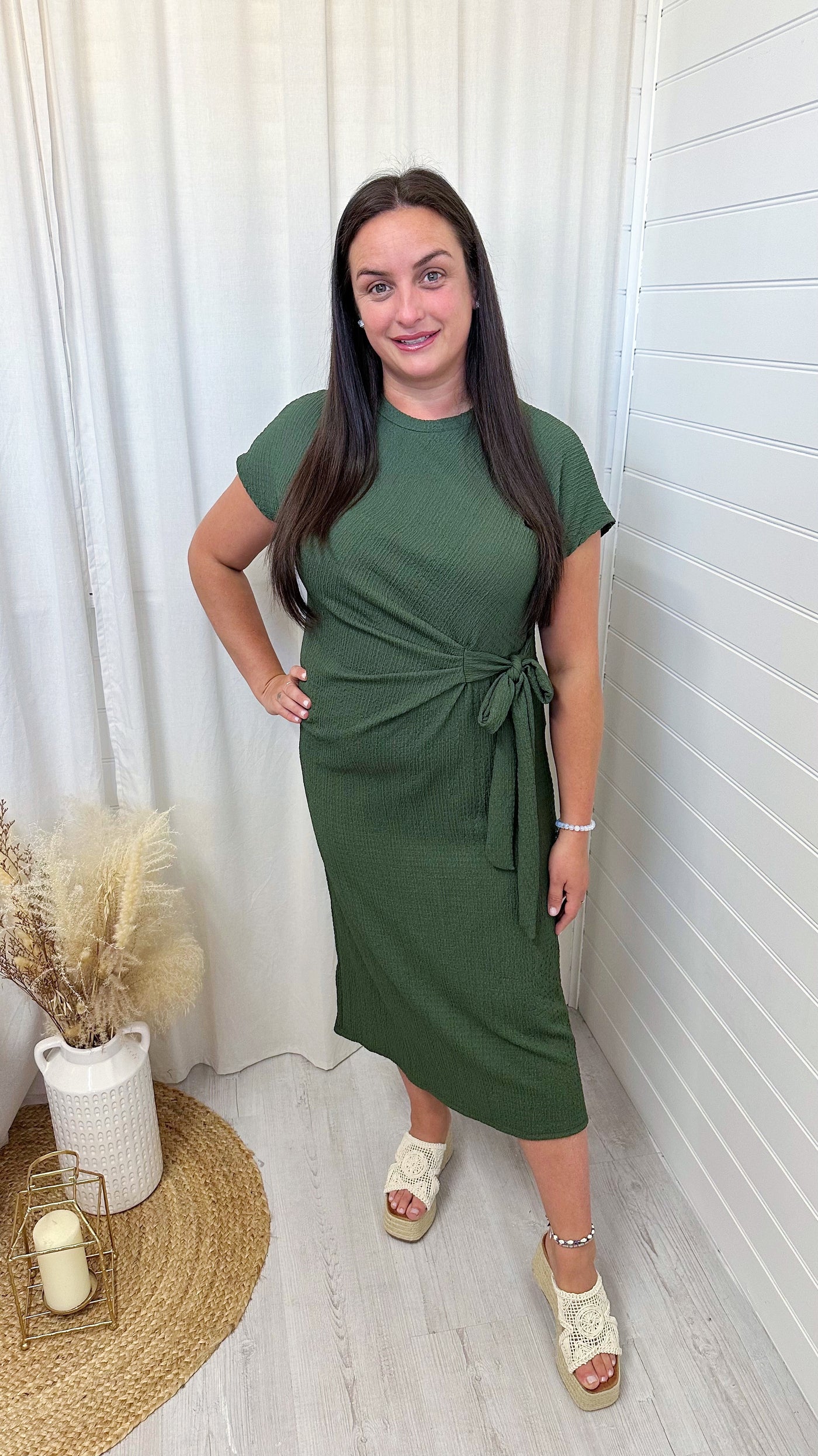 Cheesecloth Side Knot Midi Dress - KHAKI