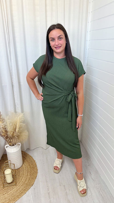 Cheesecloth Side Knot Midi Dress - KHAKI