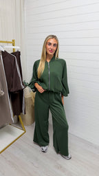 Classic Stripe Jacket and Wide Leg Joggers Tracksuit - KHAKI