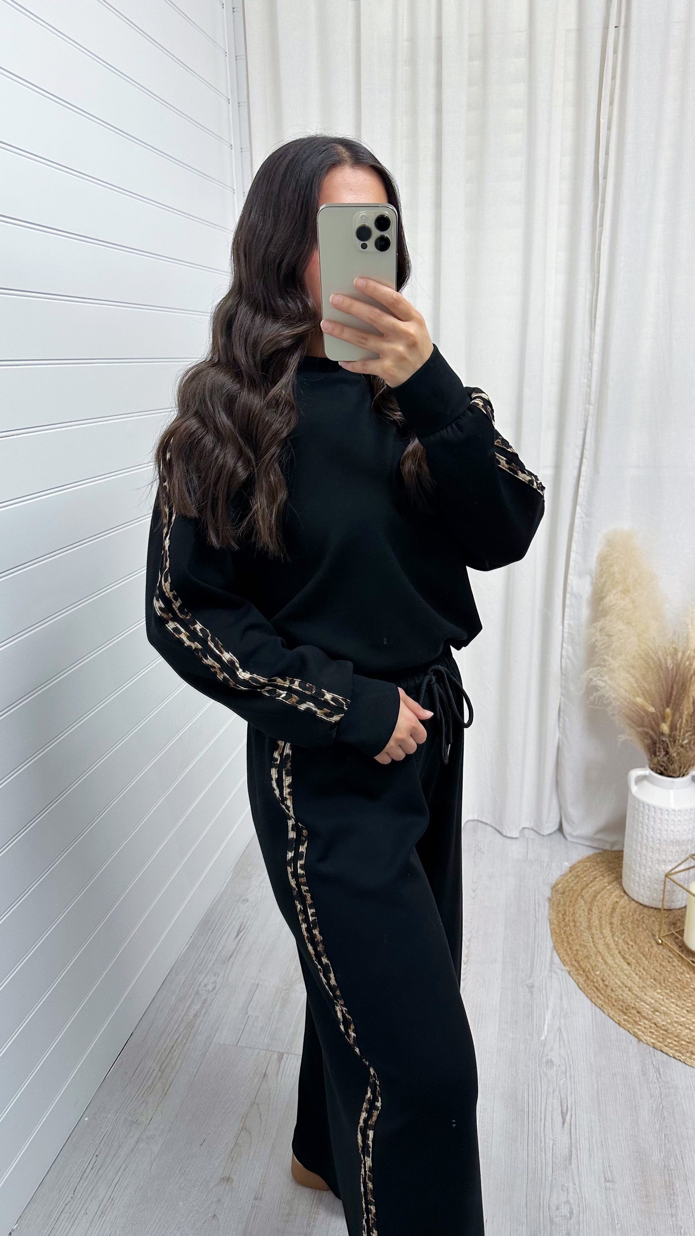 Leopard Trim Sweatshirt and Joggers Co-Ord - BLACK