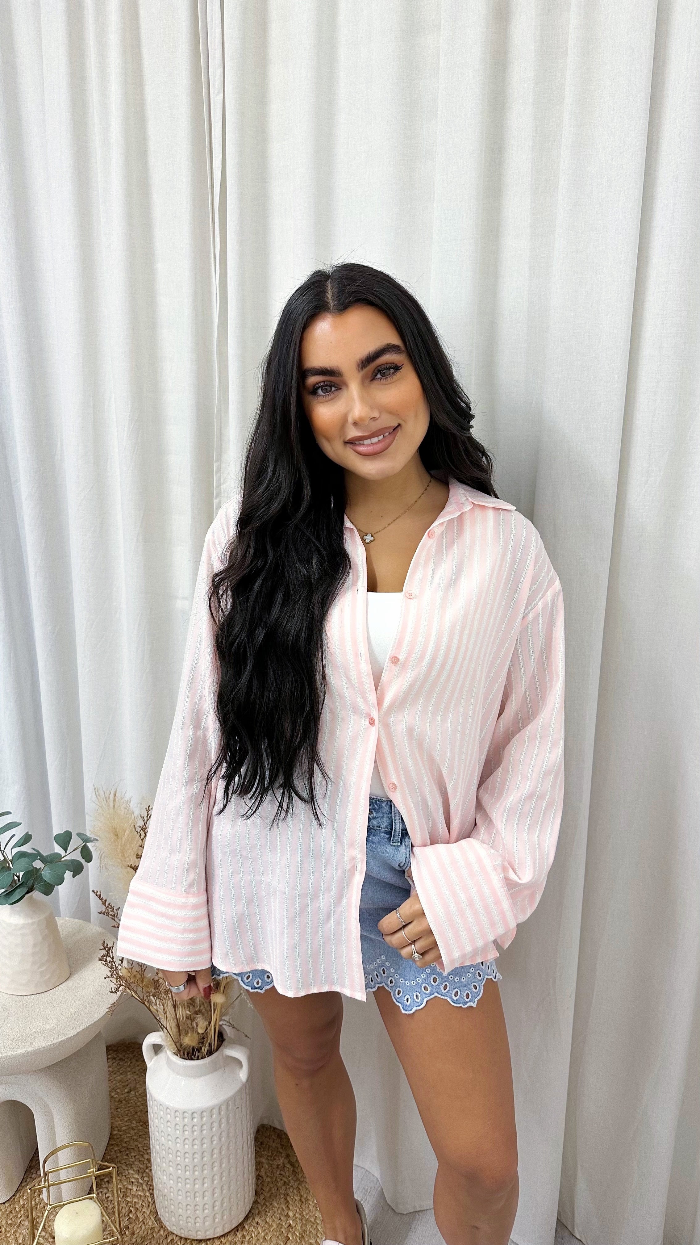 Pinstripe Oversized Cotton Shirt - PINK