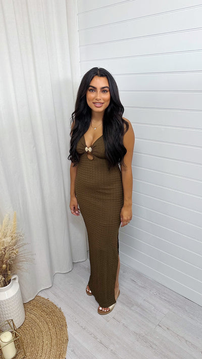 Seashell Buckle Plunge Maxi Dress - BROWN