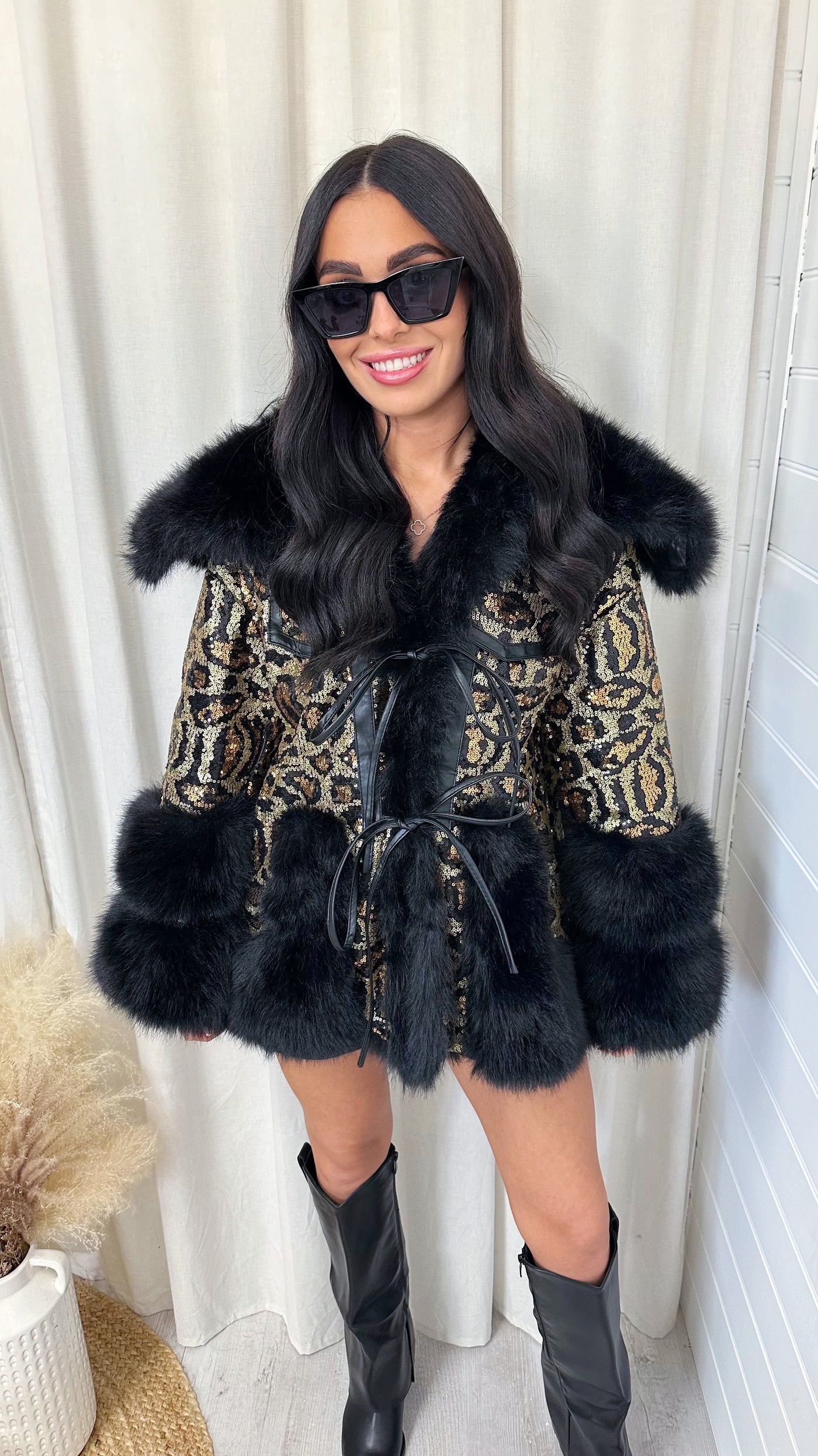 Leopard Sequin Faux Fur Coat - BLACK