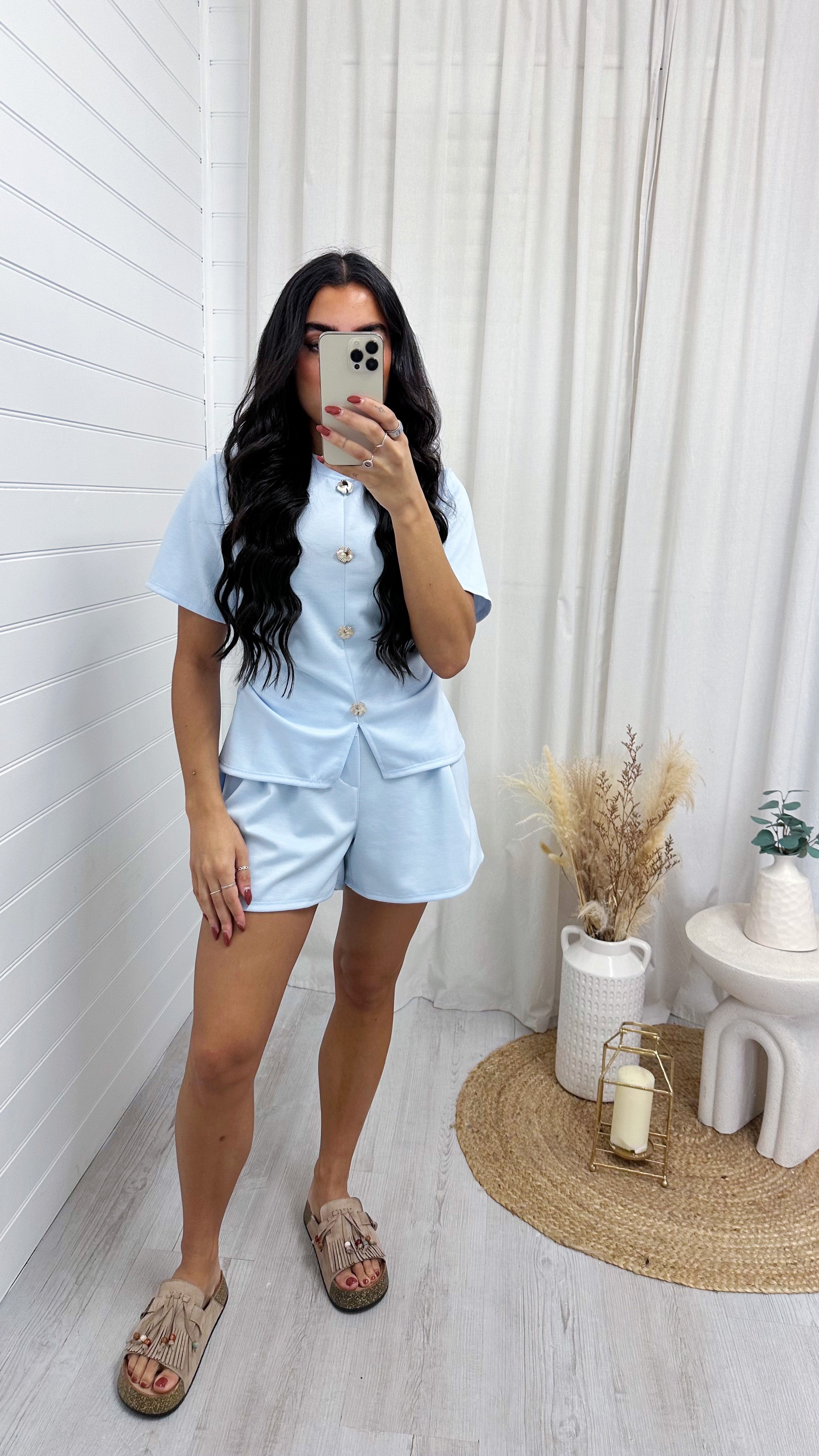 Cinched Gold Button Top and Shorts Co-Ord - BABY BLUE