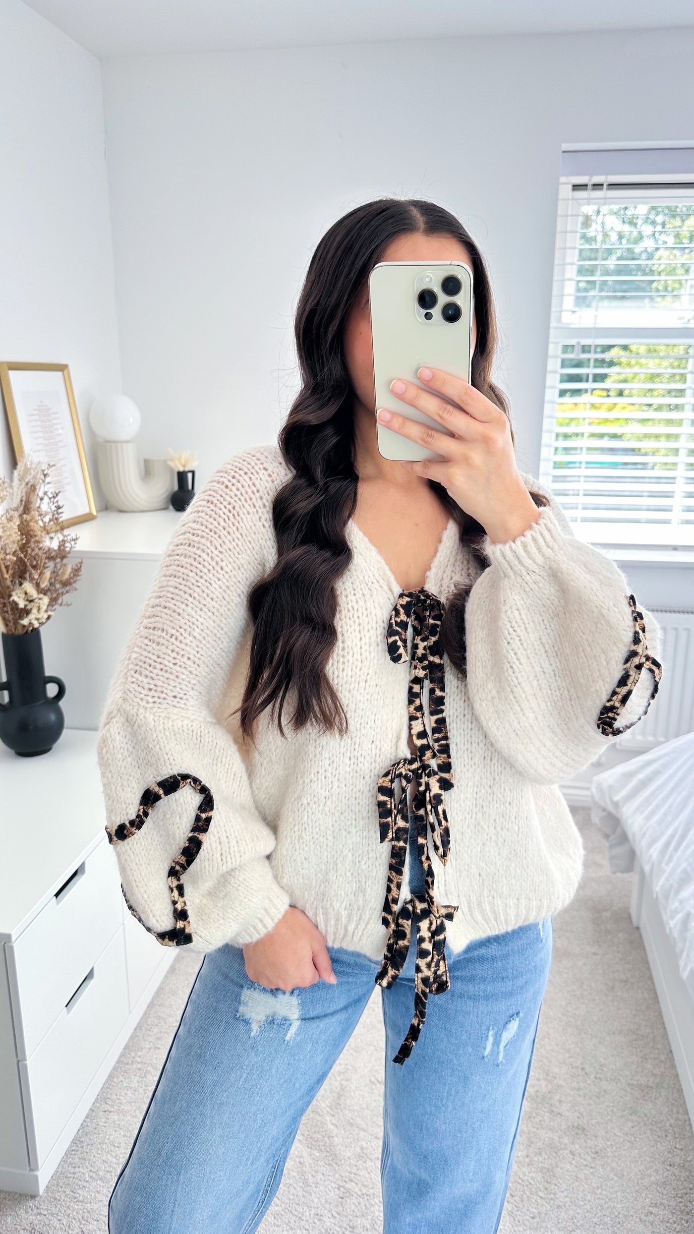 Leopard Bow Tie Cardigan - LIGHT BEIGE