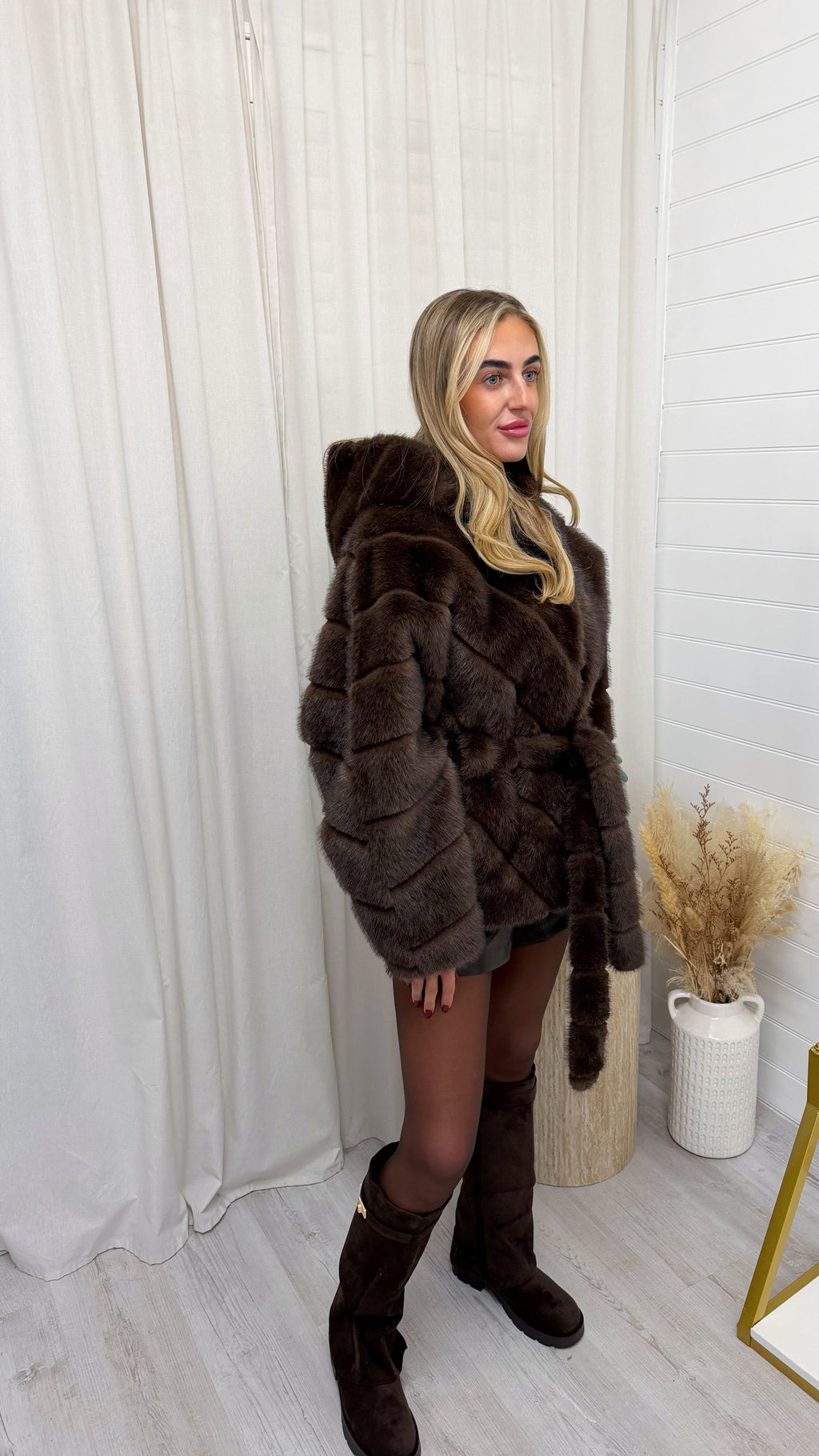 Hooded Faux Fur Coat with Belt - BROWN