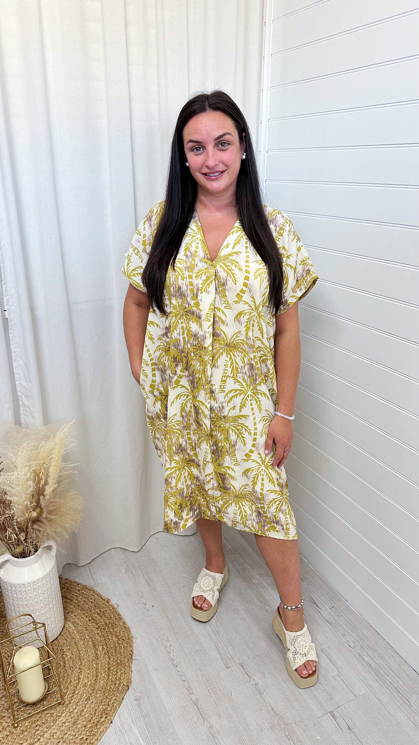 PLUS Palm Tree Midi Dress - MUSTARD