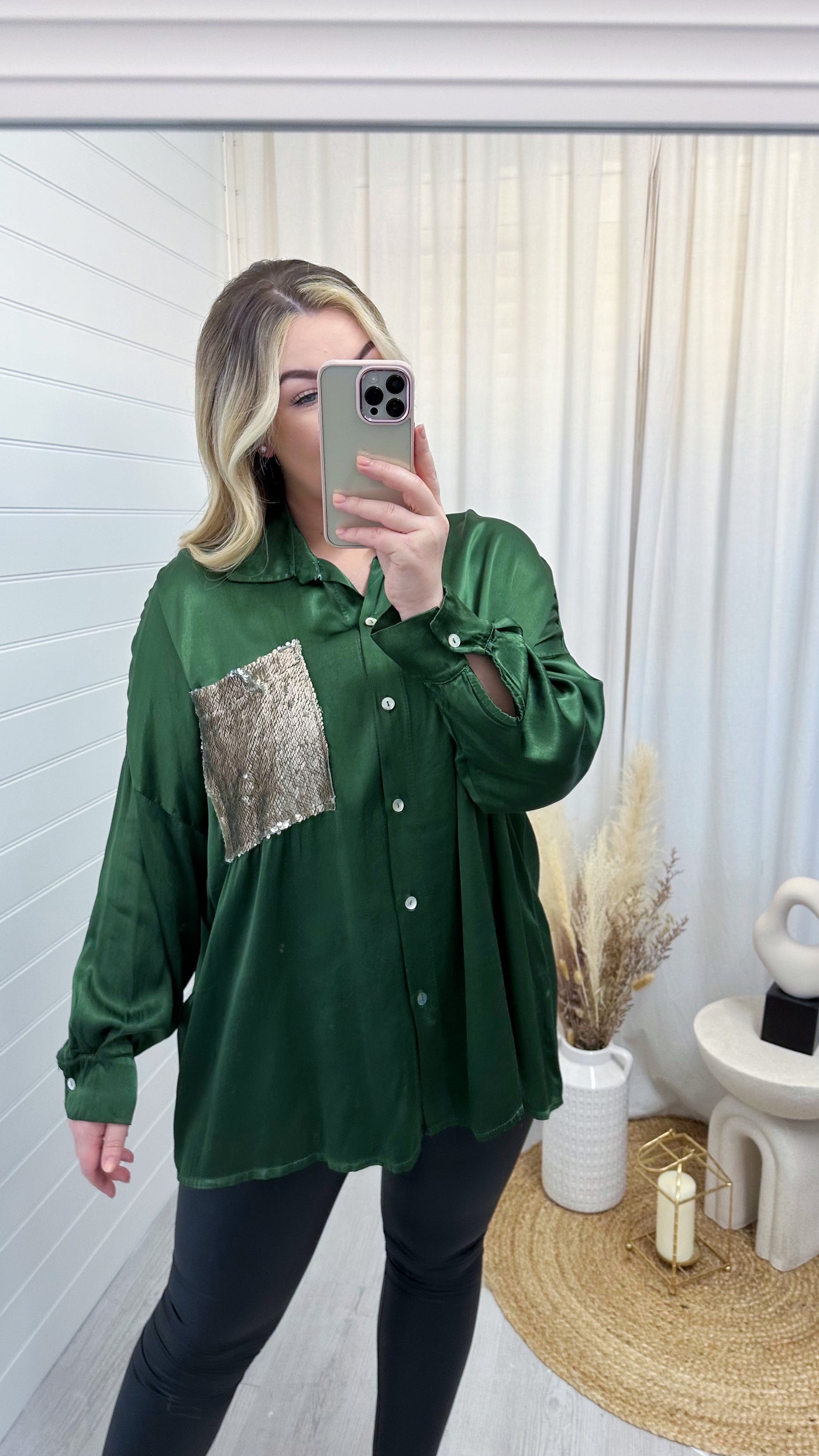 Satin Sequin Pocket Shirt -  GREEN