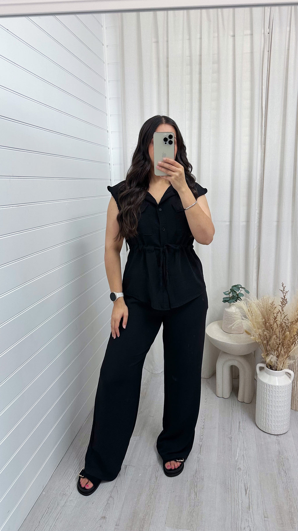 Sleeveless Cinch Shirt and Trousers Co-Ord - BLACK