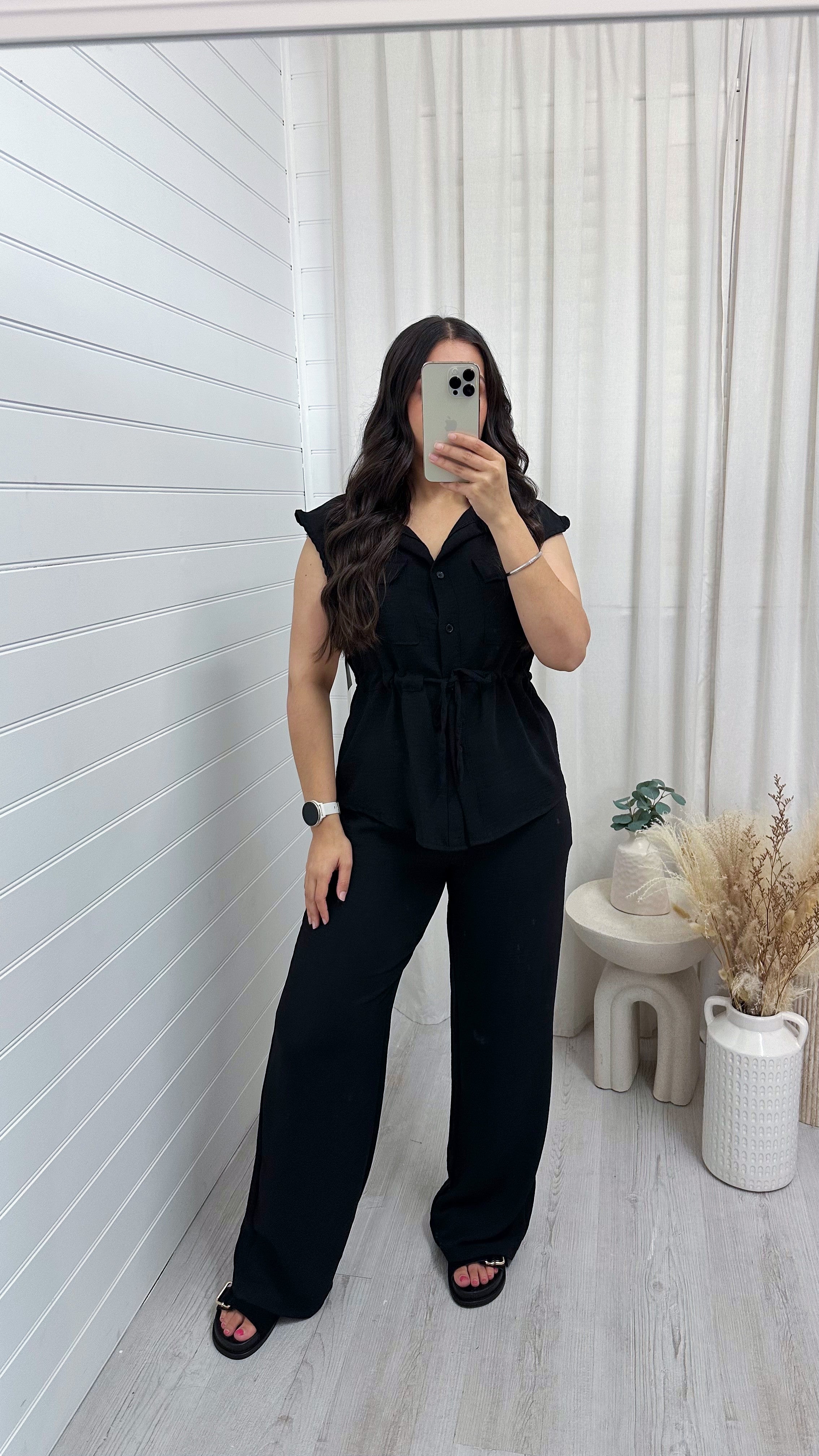 Sleeveless Cinch Shirt and Trousers Co-Ord - BLACK