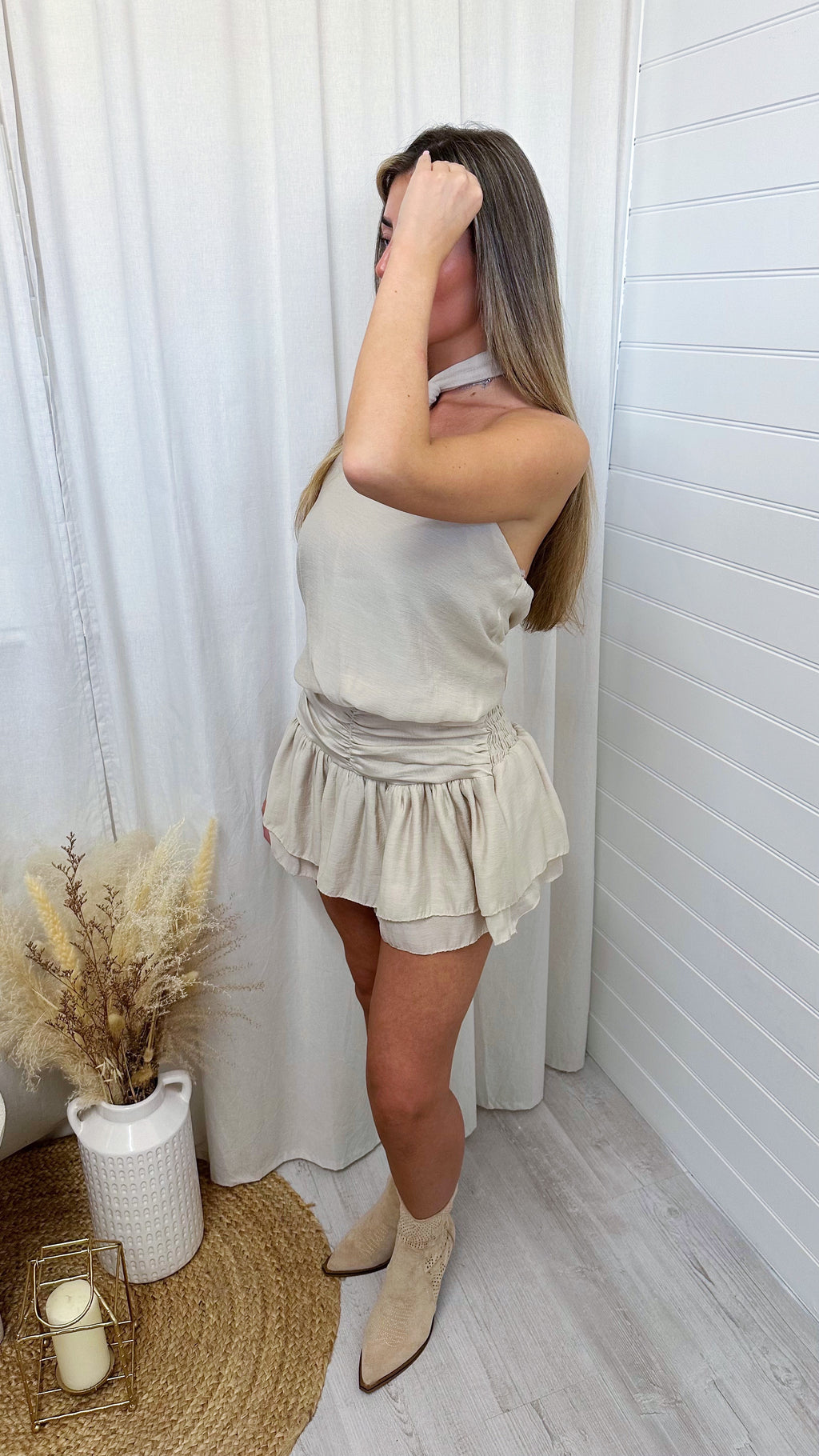 Halter Neck Ruffle Hem Playsuit - BEIGE