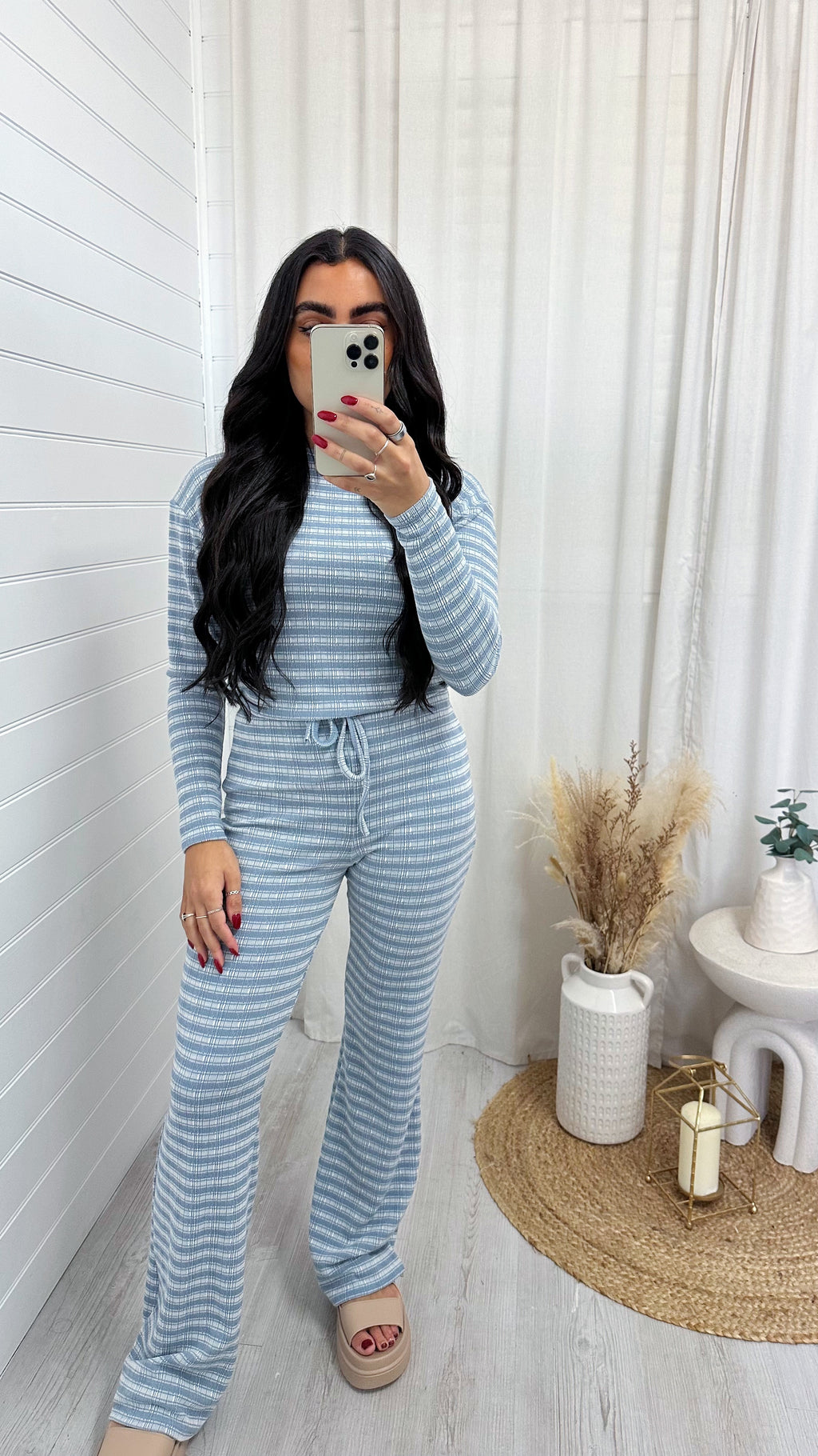 Textured Stripe Long Sleeve Top and Trousers Co-Ord - BLUE