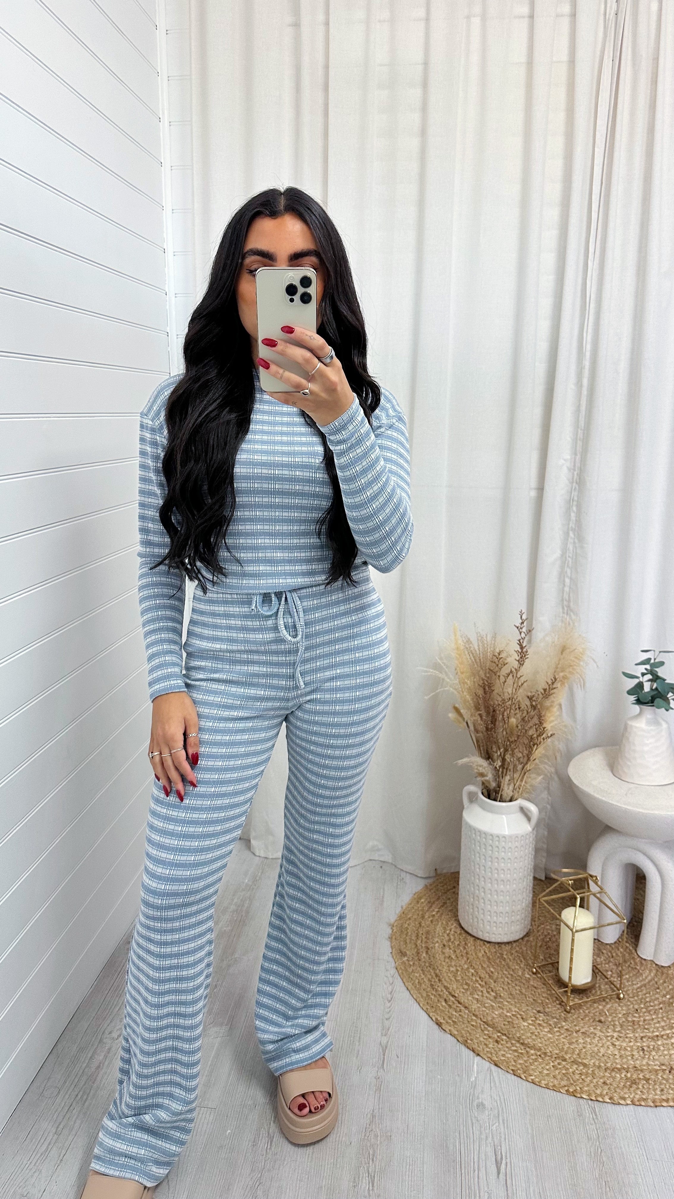 Textured Stripe Long Sleeve Top and Trousers Co-Ord - BLUE