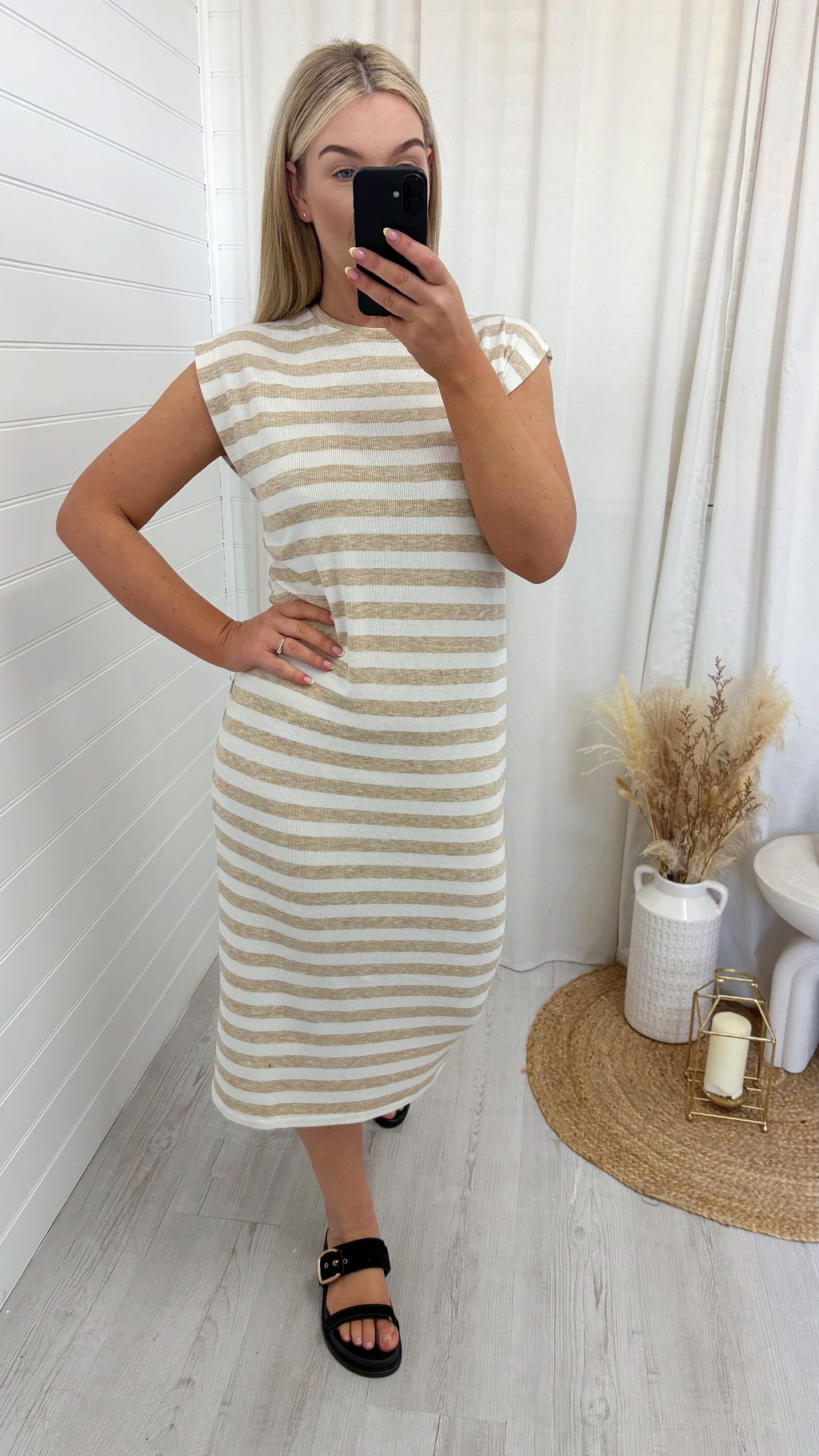 Soft Ribbed Sleeveless Midi Dress - BEIGE STRIPE