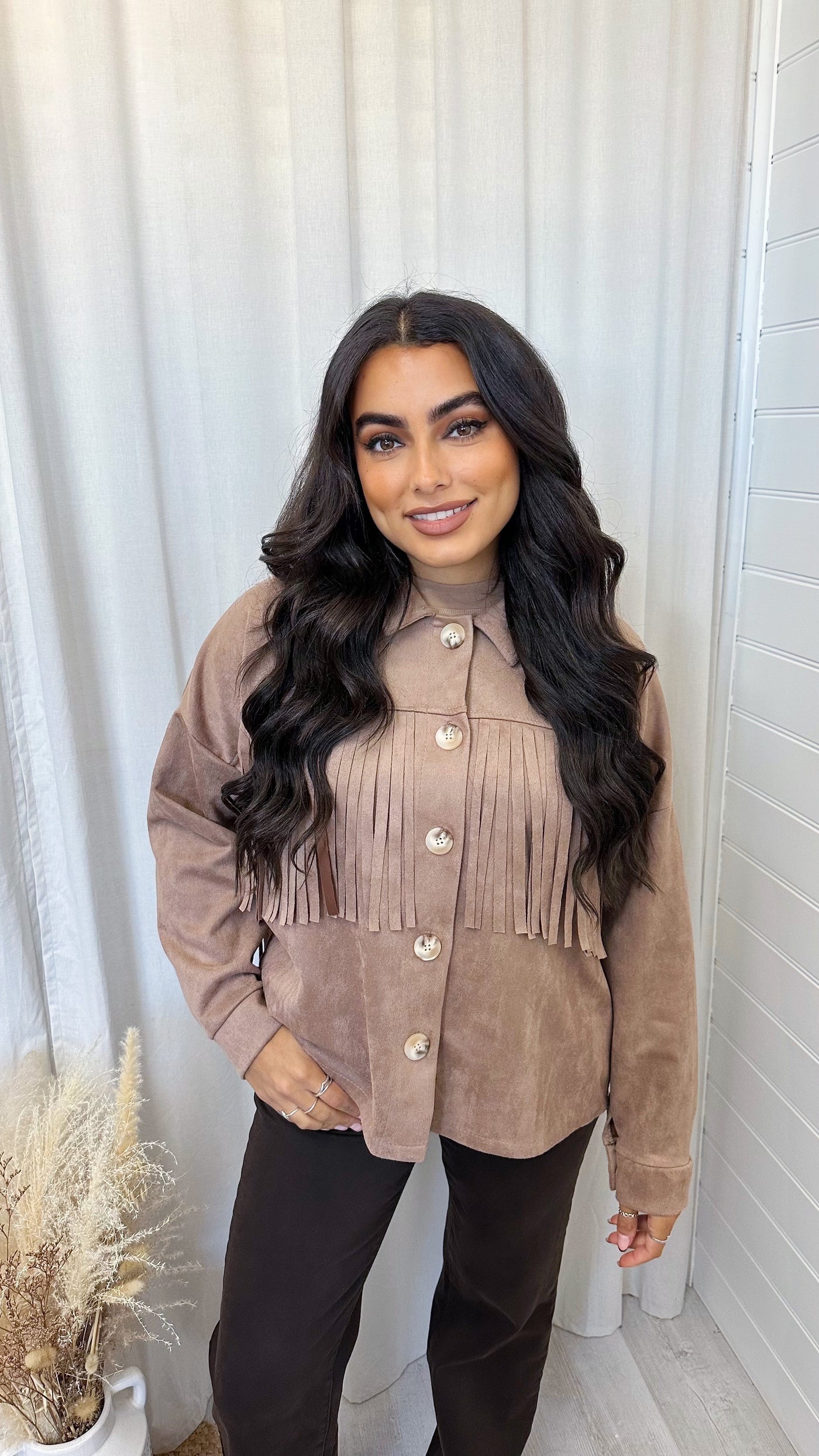 Suede Tassel Trim Jacket - BEIGE