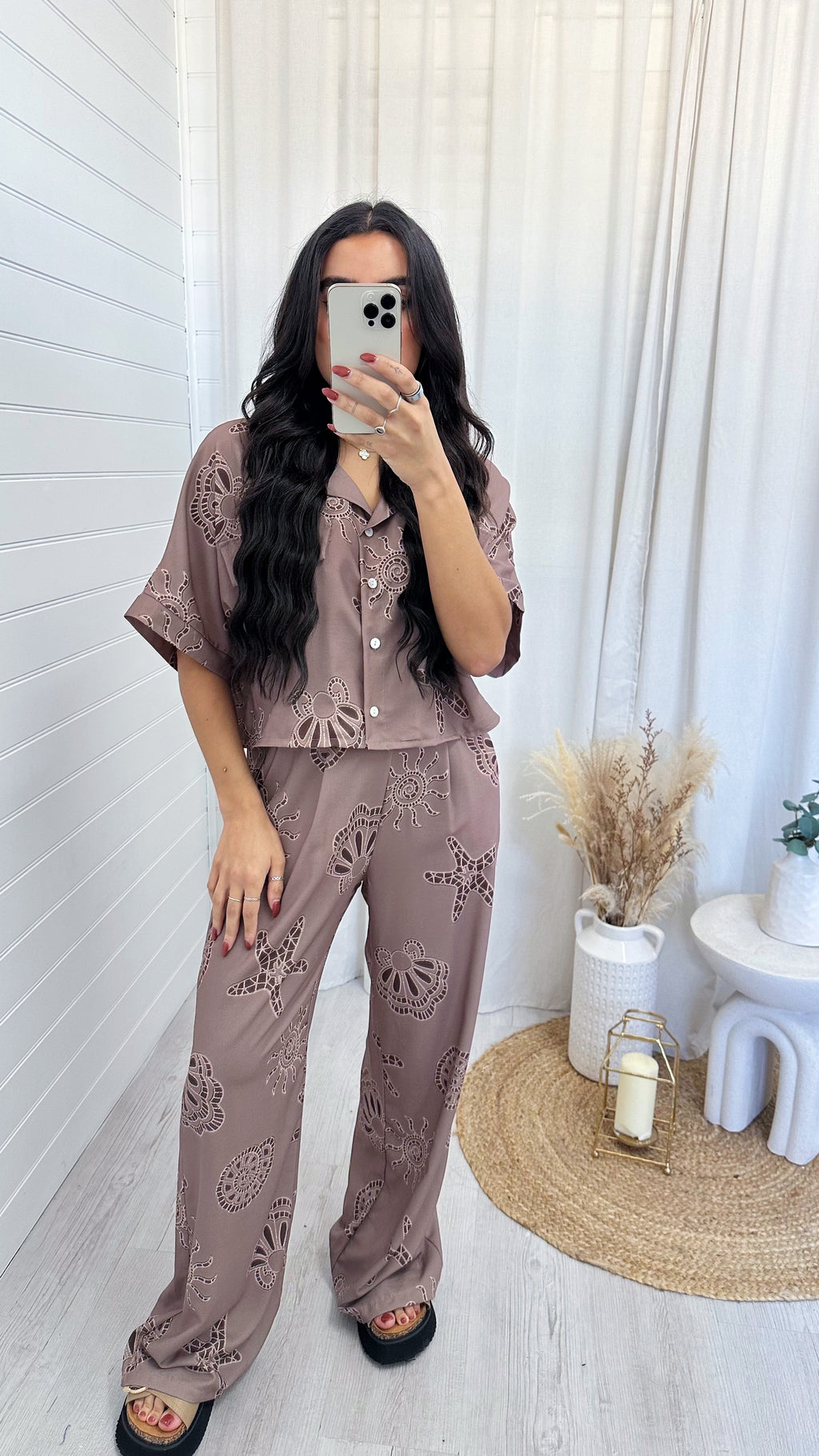 Seashell Print Crop Shirt and Trousers Co-Ord - MAUVE