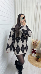 Argyle Woollen Jumper Dress - DARK BROWN/BEIGE