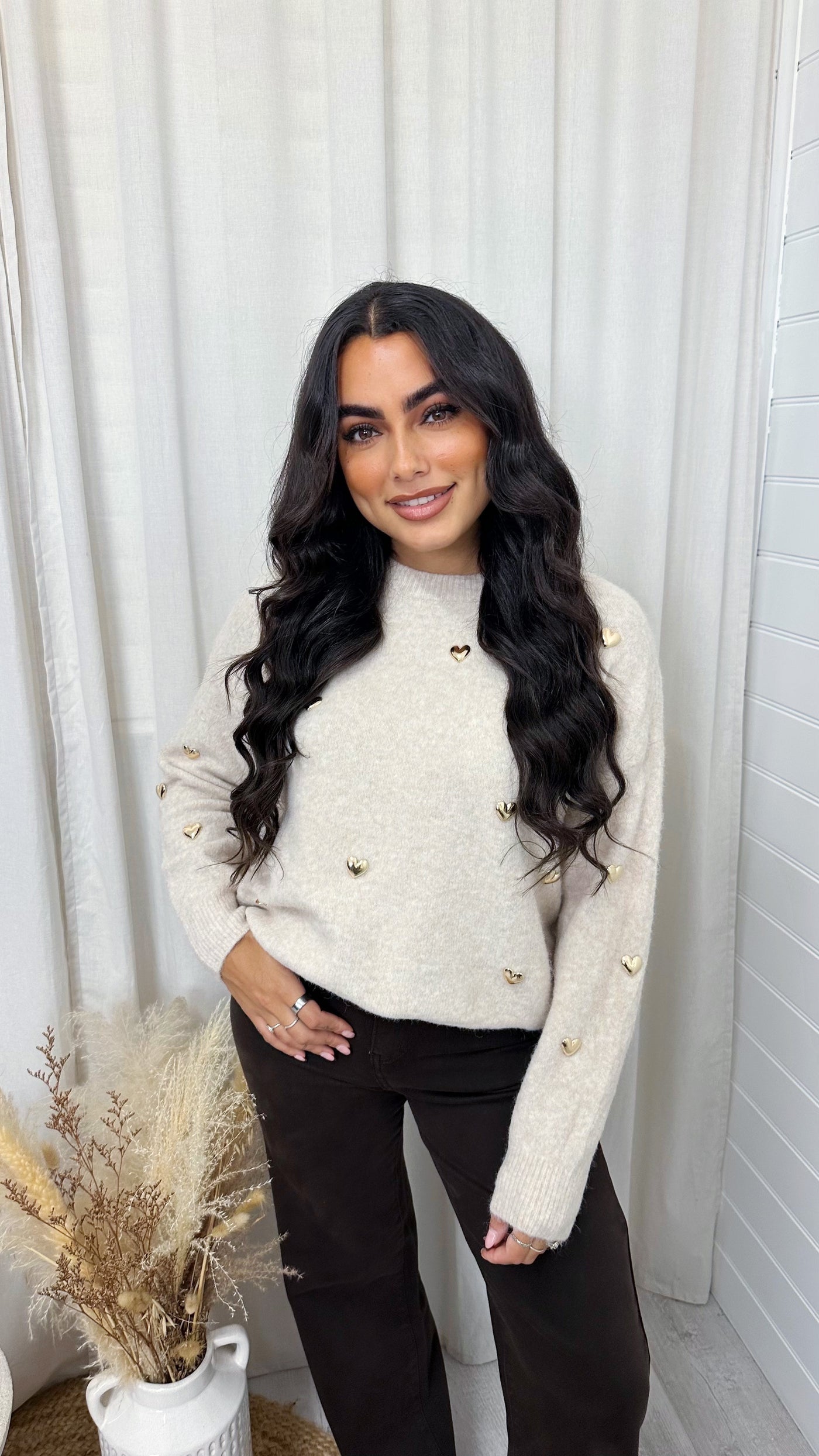3D Gold Love Heart Woollen Jumper - BEIGE