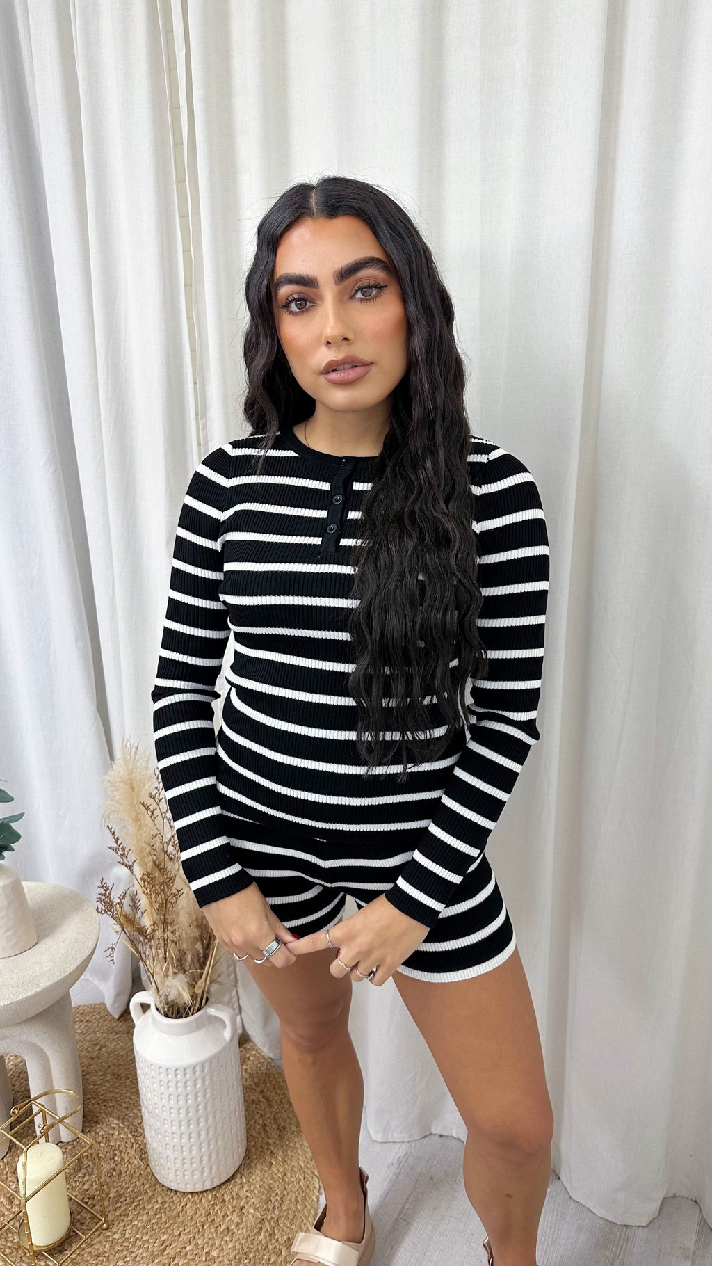 Ribbed Knit Stripey Top and Shorts Co-Ord - BLACK