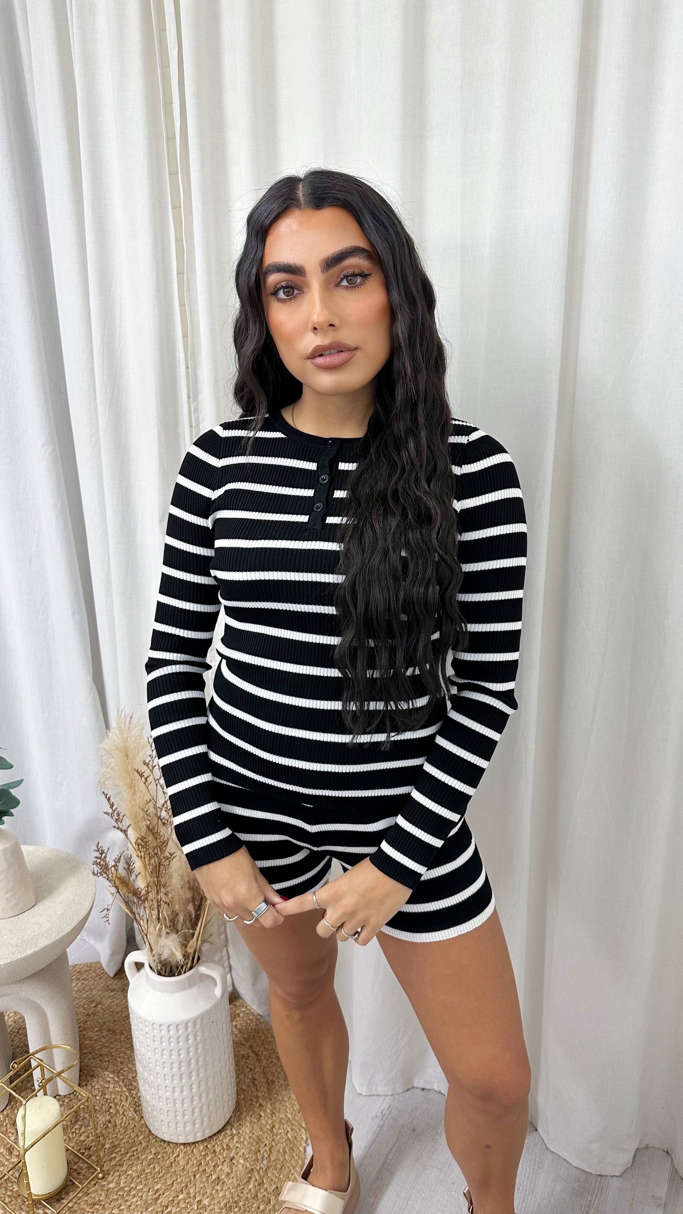 Ribbed Knit Stripey Top and Shorts Co-Ord - BLACK