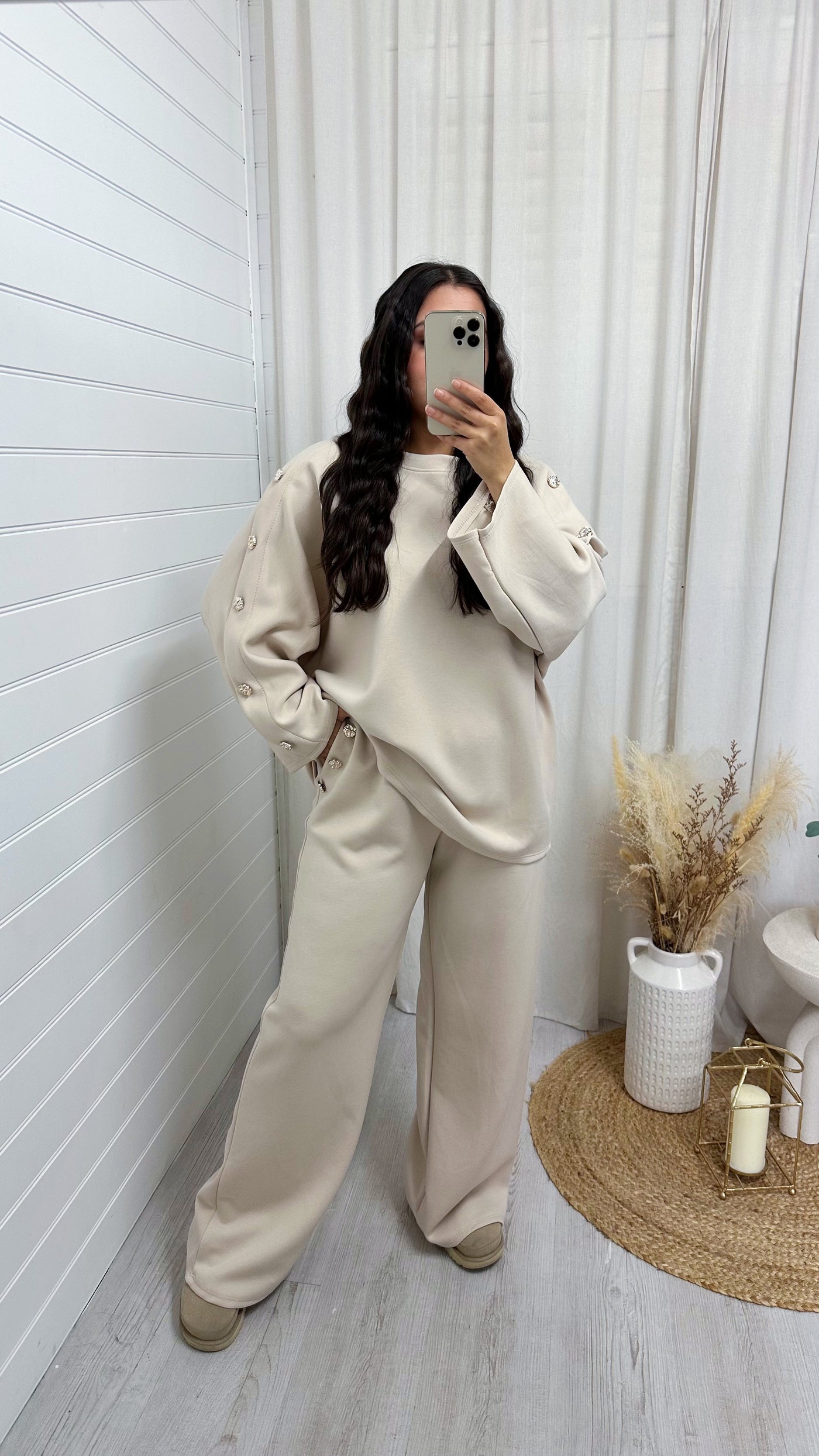 Long Sleeve Gold Button Detail Top and Trousers Co-Ord - BEIGE