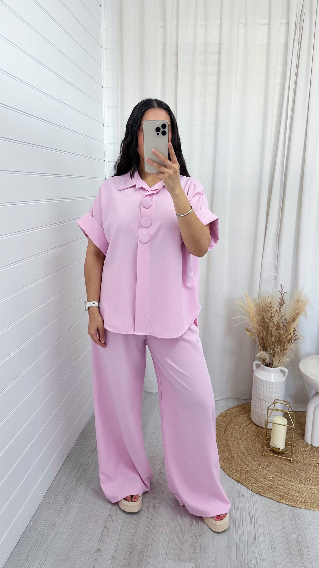 Chunky Button Shirt and Wide Leg Trousers Co-Ord - PINK