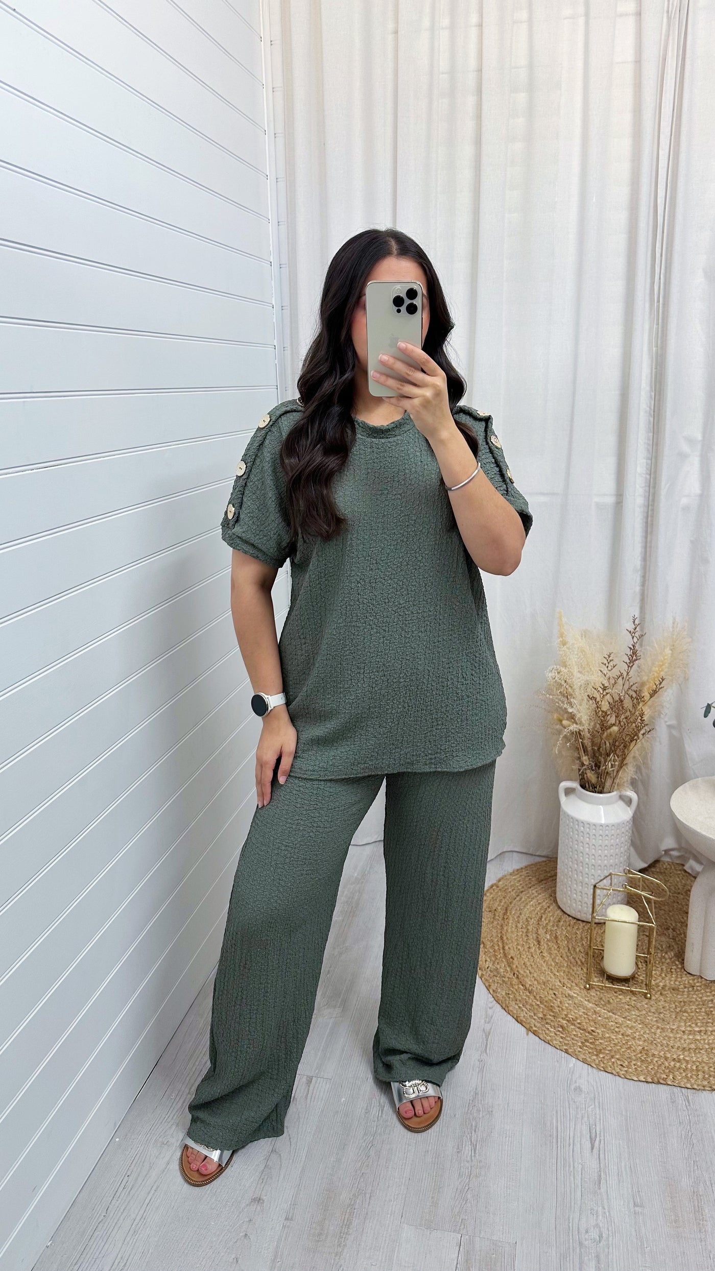 Cheesecloth Gold Button T-Shirt and Trousers Co-Ord - KHAKI