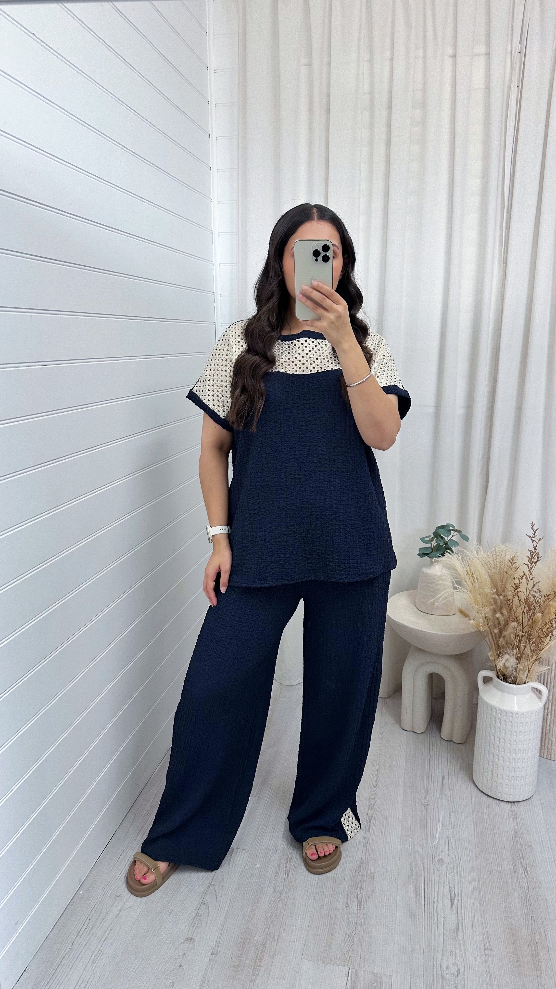 Metallic Mesh T-Shirt and Trouser Co-Ord - NAVY
