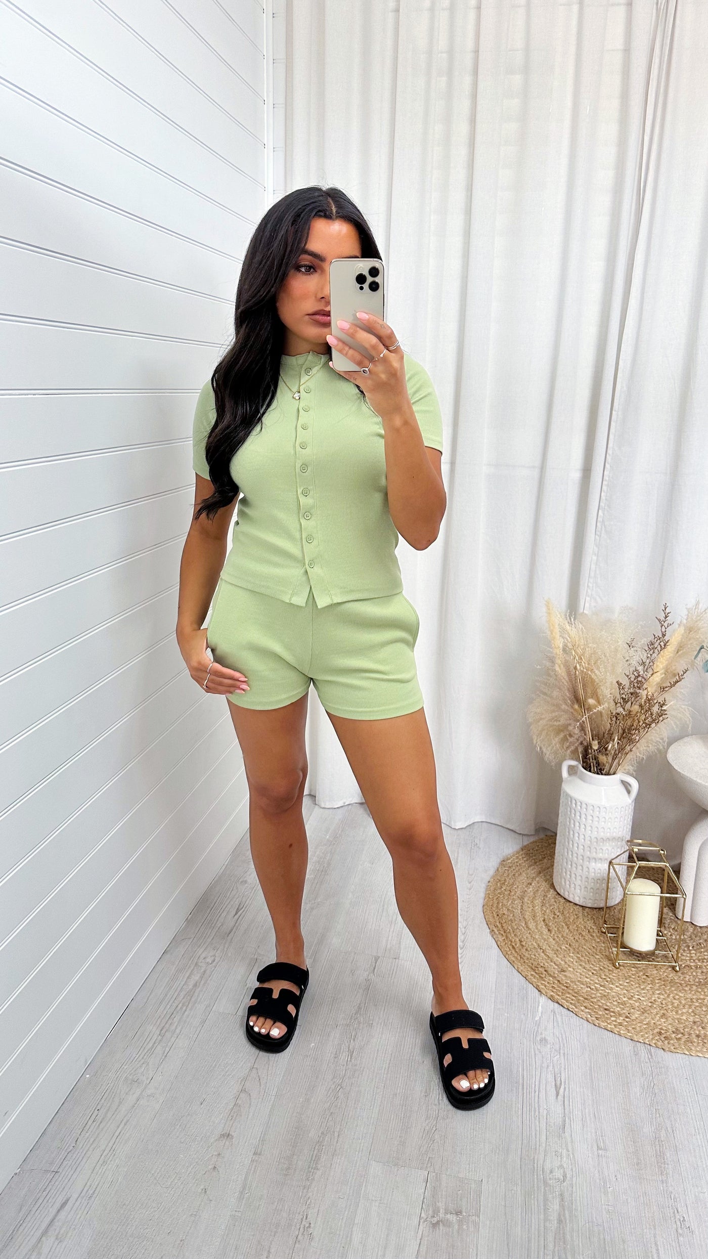 Ribbed Button Crop Top and Shorts Co-Ord - SAGE