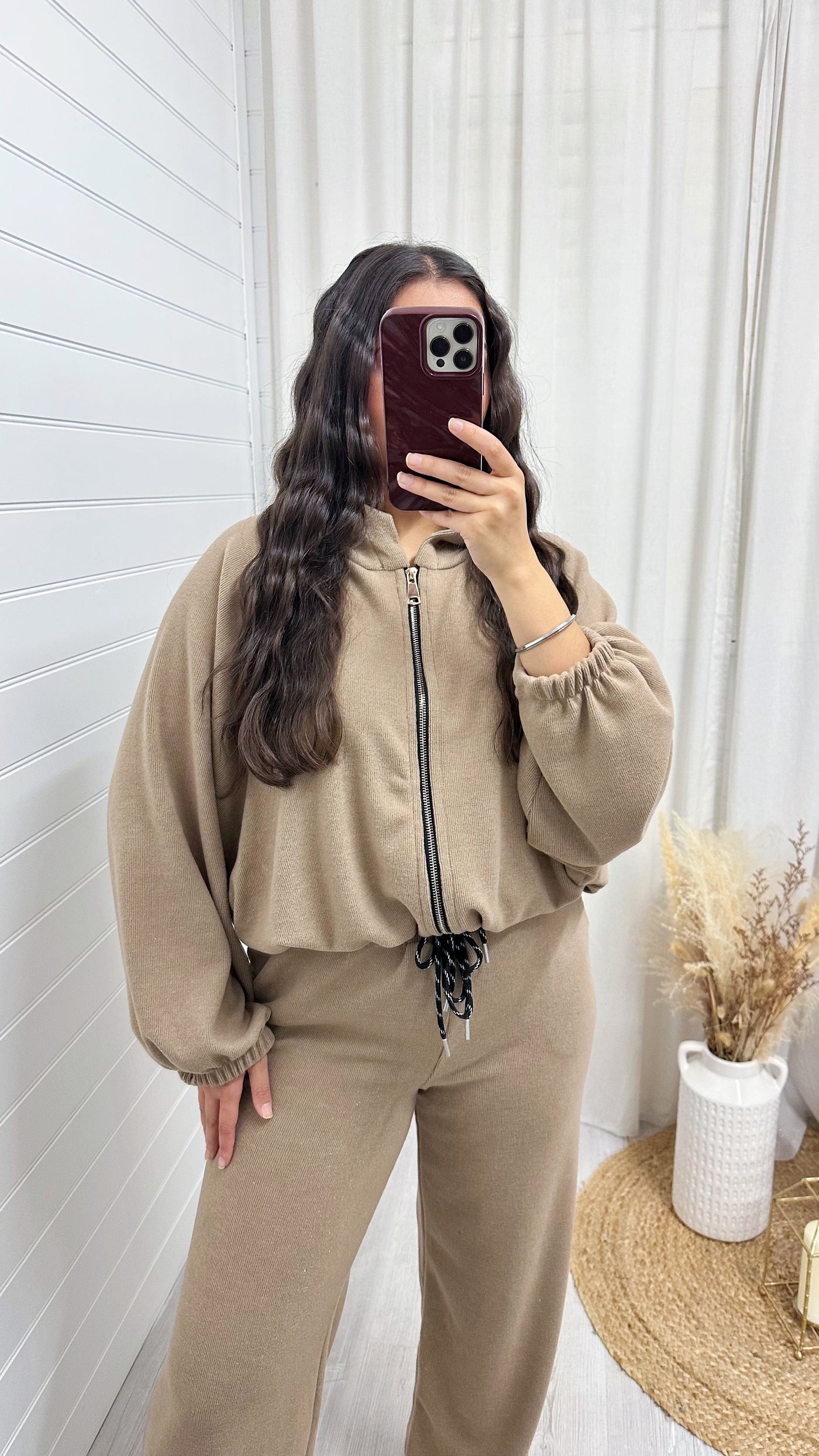 Shimmery Knitted  Bomber Jacket and Joggers Co-Ord - TAUPE