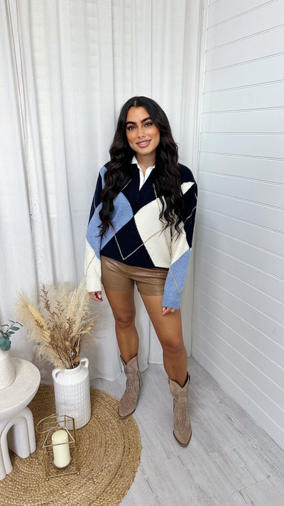 Argyle Knitted Insert Jumper - BLUE