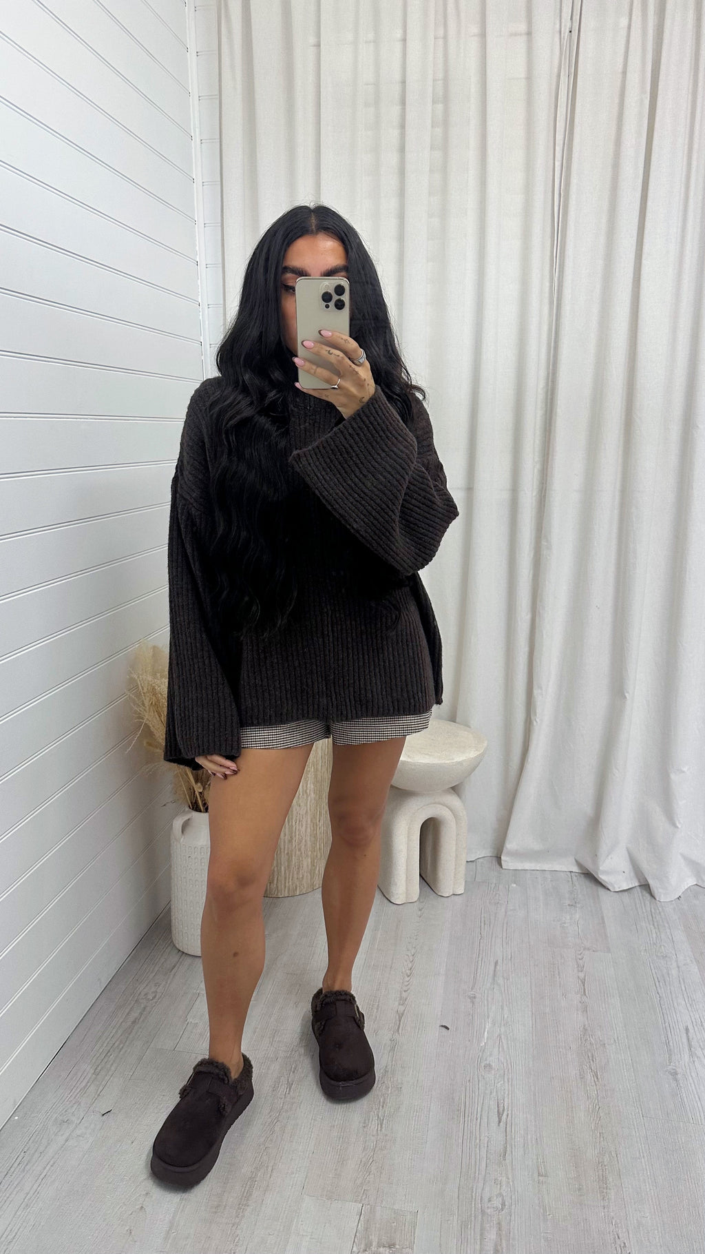Chunky Rib Woollen Jacket - BROWN