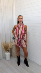 Rope Collar Reptile Print Playsuit - PINK