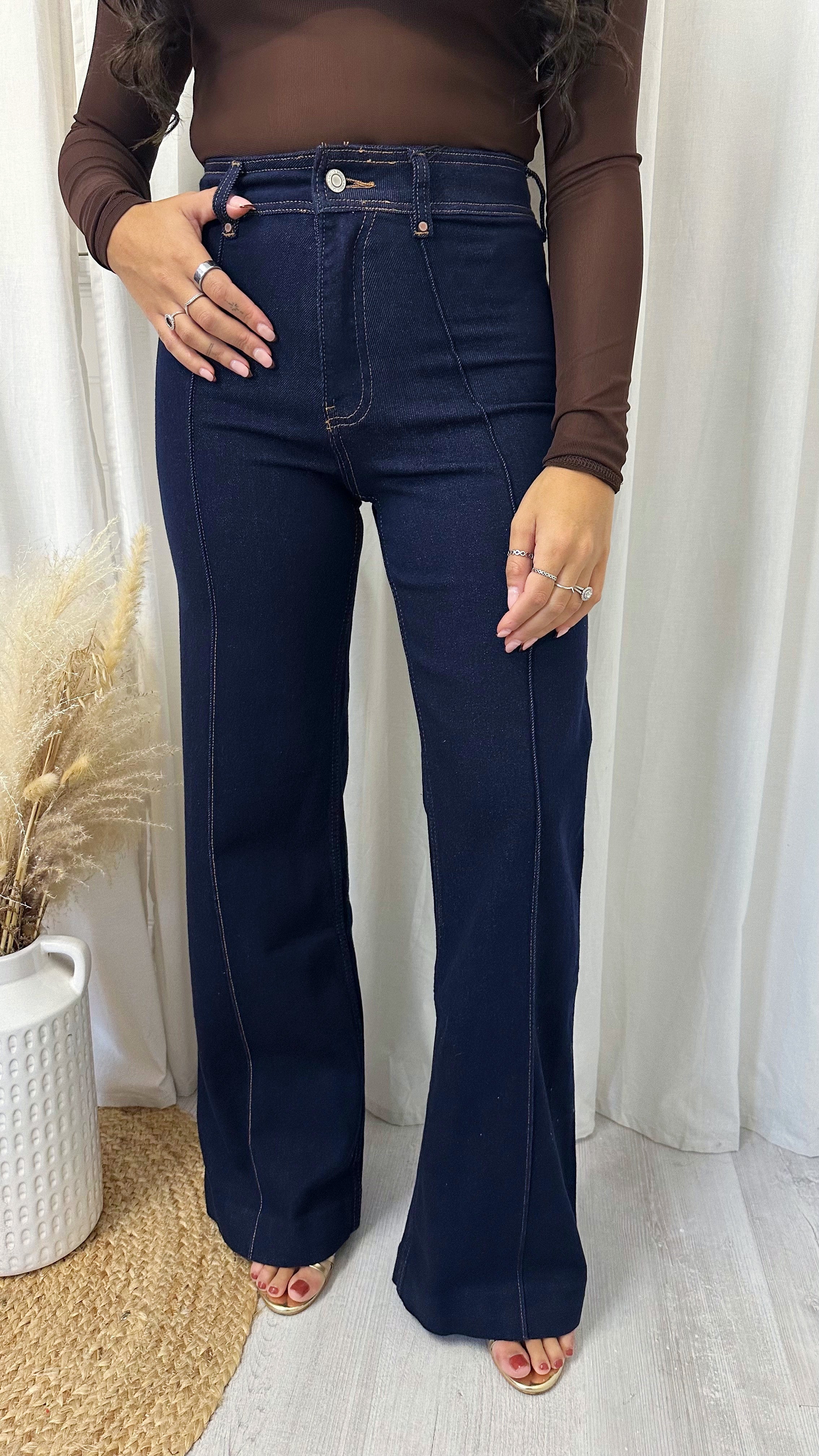 High Waisted Seam Front Flared Jeans - DARK DENIM