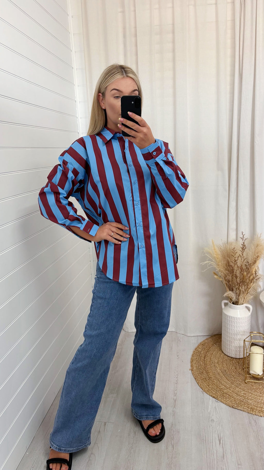 Chunky Stripe Oversized Shirt - BURGUNDY/BLUE