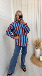 Chunky Stripe Oversized Shirt - BURGUNDY/BLUE